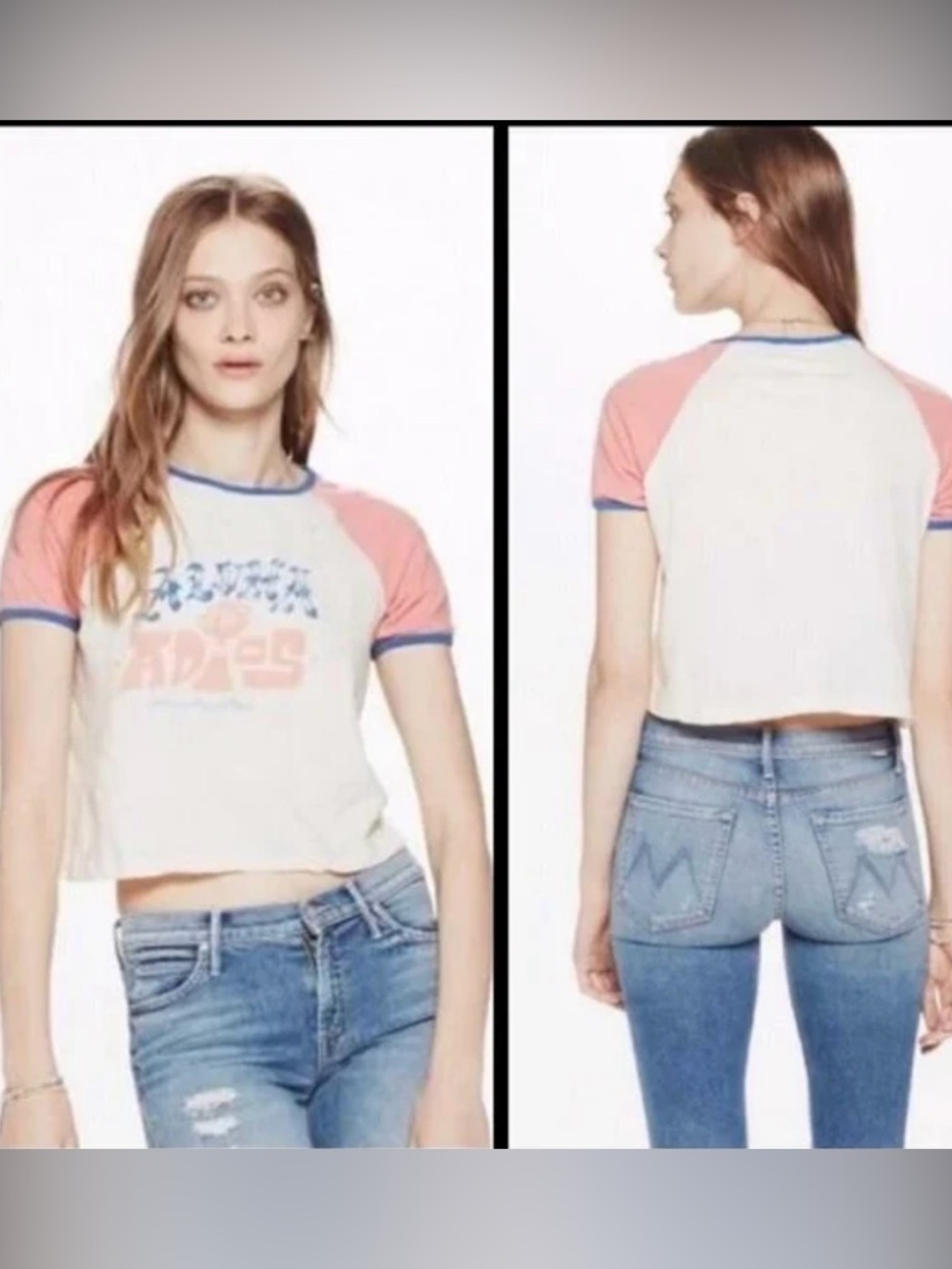 Mother Aloha Adios Graphic Raglan Tee in White, Coral & Royal Blue